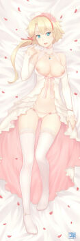 1girl anklet aqua_eyes bare_shoulders blonde_hair breasts cleavage dakimakura_(medium) dan_(kumadan) detached_sleeves dress earrings female_focus flower hair_flower hair_ornament hair_ribbon hairband jacket jewelry large_breasts long_hair long_sleeves looking_at_viewer low_ponytail lying midriff minerva_(p&amp;d) navel necklace nipples on_back open_clothes open_jacket open_mouth ornate_ring panties pendant petals ponytail puzzle_&amp;_dragons ribbon ring side_ponytail smile solo string_panties thighhighs underwear wedding_dress wedding_ring white_dress white_panties white_thighhighs