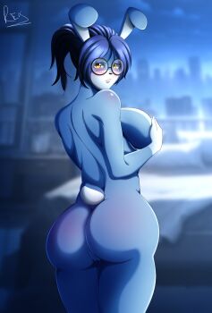 1girl animal_ears ass bed bed_sheet bedroom blue_skin blurry blurry_background blush body_blush breasts city cityscape colored_skin completely_nude covering_breasts covering_privates five_nights_in_anime_(fangame) fniarex from_behind furry furry_female glasses highres huge_ass huge_breasts large_breasts looking_at_viewer looking_back nude original ponytail pussy rabbit_ears rabbit_girl rabbit_tail shiny_skin shoulder_blush skyline solo tail yellow_eyes