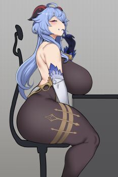 1girl alternate_breast_size_(larger) animal_dildo ass backless_outfit bare_shoulders bell black_bodysuit blue_hair blush bodice bodysuit breast_rest breasts breasts_on_table chair chamchami cowbell curvy desk detached_sleeves dildo dildo_reveal female_masturbation ganyu_(genshin_impact) genshin_impact goat_horns grin half-closed_eyes highres horns horse_dildo huge_breasts huge_dildo implied_masturbation implied_penetration long_hair looking_at_viewer lying masturbation naughty_face office_chair on_desk open_mouth plump purple_eyes raised_eyebrows sex_toy sitting smile smug solo swivel_chair thick_eyebrows thick_thighs thighs vaginal