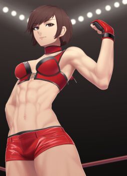 1girl abs armpits bad_id bad_pixiv_id bare_shoulders bikini breasts brown_eyes brown_hair choker cleavage clenched_hand closed_mouth commentary_request commission cowboy_shot fingerless_gloves flexing gloves hinomoto_reiko indoors looking_at_viewer medium_breasts midriff navel open_fly putcher red_bikini red_choker red_gloves red_shorts rope rumble_roses short_hair short_shorts shorts sidelocks skeb_commission smile solo stage_lights standing swept_bangs swimsuit wrestler wrestling_outfit wrestling_ring