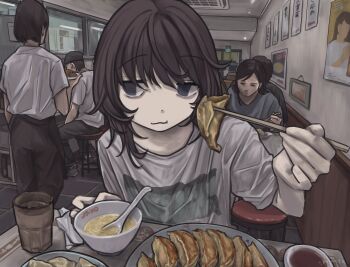 :3 absurdres black_eyes chewing chopsticks cup dumpling eating food gudon_udon highres indoors looking_to_the_side medium_hair original restaurant sauce solo_focus soup table