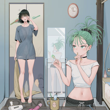 1boy 2girls bald barefoot black_shorts blue_shirt breasts brushing_teeth bygin clock closed_eyes commentary cup curly_hair english_commentary fubuki_(one-punch_man) green_eyes green_hair green_nails hair_dryer highres indoors medium_breasts midriff mirror mug multiple_girls mundane_utility navel one-punch_man panties panties_visible_through_clothes rubbing_eyes saitama_(one-punch_man) see-through_clothes see-through_shirt shirt short_hair short_shorts short_sleeves shorts siblings sisters sleepy small_breasts squeans standing stomach t-shirt tatsumaki telekinesis toenails toothbrush toothbrush_in_mouth underwear wall_clock white_panties white_shirt