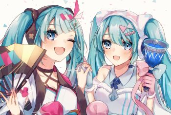 2girls aqua_bow aqua_bowtie aqua_eyes aqua_gloves aqua_hair aryuma772 bell bow bowtie breasts commentary_request dress dual_persona floral_print fur-trimmed_dress fur-trimmed_gloves fur_trim gloves hatsune_miku highres instrument japanese_clothes kimono long_sleeves magical_mirai_(vocaloid) magical_mirai_miku magical_mirai_miku_(2020_summer) magical_mirai_miku_(2020_winter) medium_breasts multiple_girls official_alternate_costume official_alternate_hairstyle one_eye_closed open_mouth pink_bow pink_bowtie pink_gloves simple_background smile twintails upper_body vocaloid white_background white_kimono wide_sleeves yukata