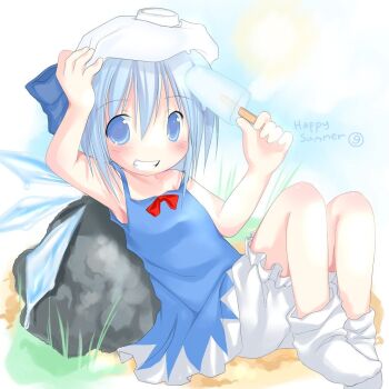 2000s_(style) blue_dress blue_eyes blue_hair blue_sky blush bow cirno dress fairy food grass hair_bow holding holding_food holding_popsicle ice ice_pack ice_wings looking_at_viewer lottie_(gravyalloverhim) melting_popsicle outdoors popsicle rock sitting sky smile socks summer sun teeth third-party_source touhou white_socks wings