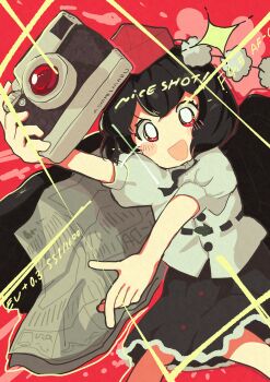 Rule 34 | 1girl, absurdres, black hair, black skirt, blush stickers, camera, character name, commentary request, deformed, english text, feet out of frame, finger gun, hangaku th, hat, highres, holding, holding camera, looking at viewer, mini person, minigirl, newspaper, open mouth, pom pom (clothes), red background, red eyes, shameimaru aya, shirt, skirt, solo, sparkle, tengu, tokin hat, touhou, white shirt, wings