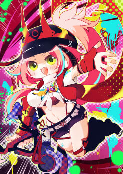1girl :d asymmetrical_sleeves baseball_cap belt black_boots black_hat black_leg_warmers black_shorts blush boots breasts chibi chibi_only commentary crop_top fingerless_gloves fishnet_top fishnets full_body fuuma_shuriken gloves green_eyes hat highres holding holding_shuriken holding_weapon honkai:_star_rail honkai_(series) horned_hat jacket large_breasts leg_warmers long_hair looking_at_viewer midriff navel open-toe_boots open_clothes open_jacket open_mouth outstretched_arm pink_hair ponytail rappa_(honkai:_star_rail) red_gloves red_jacket shima_yukito shirt short_shorts shorts shuriken sidelocks single_fingerless_glove smile solo spray_can tied_shirt uneven_sleeves very_long_hair weapon white_belt white_shirt wrist_belt zipper