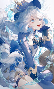 1girl absurdres ahoge ascot asymmetrical_gloves batory_ken black_hair blue_ascot blue_eyes blue_gem blue_hair blue_hat blue_jacket brooch commentary furina_(genshin_impact) furrowed_brow gem genshin_impact gloves gold_trim hair_intakes hand_on_own_cheek hand_on_own_face hat highres jacket jewelry lapels light_blue_hair long_hair long_sleeves looking_ahead md5_mismatch mismatched_gloves mismatched_pupils multicolored_hair open_mouth purple_eyes resolution_mismatch shorts simple_background smile solo source_larger streaked_hair swept_bangs teeth thigh_strap top_hat upper_teeth_only very_long_hair water wavy_hair white_background white_gloves white_shorts