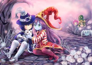 amumu animal_ears annie_(league_of_legends) bandages blue_skin colored_skin fake_animal_ears flower goggles green_eyes hat kamui_(kamuikaoru) league_of_legends long_hair lulu_(league_of_legends) open_mouth pink_hair pointy_ears poppy_(league_of_legends) purple_hair purple_skin road short_hair sitting smile teemo tree twintails veigar white_hair yellow_eyes yordle