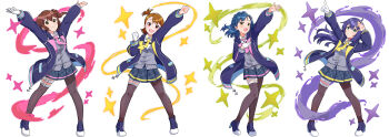 4girls :&lt; :d absurdres ahoge aqua_eyes arm_up arms_up asymmetrical_bangs asymmetrical_legwear belt black_pantyhose black_thighhighs blue_hair blue_skirt blush braid brown_hair buckle cardigan clenched_hands closed_mouth collared_shirt commentary_request double-parted_bangs fist_pump floating_clothes floating_hair full_body futami_ami gloves green_eyes grey_cardigan hair_between_eyes hair_ornament hairclip half_crown_braid hand_on_own_chest hand_to_head hand_up head_tilt heel_up high_heels highres hood hood_down hooded_jacket idolmaster idolmaster_million_live! idolmaster_million_live!_theater_days jacket kasuga_mirai legs_apart long_hair long_sleeves looking_at_viewer matching_outfits medium_hair miniskirt mochizuki_anna mogukichi_aka multiple_girls nanao_yuriko necktie official_alternate_costume one_side_up open_clothes open_jacket open_mouth outstretched_arm outstretched_arms pantyhose parted_bangs pigeon-toed pink_necktie plaid_clothes plaid_skirt pleated_skirt pointing pointing_up purple_hair purple_jacket purple_shoes raised_eyebrows red_eyes shirt shoes short_necktie sideways_glance simple_background single_glove single_leg_pantyhose single_thighhigh skirt smile snap-fit_buckle sparkle square-end_necktie standing thigh_belt thigh_strap thighhighs turning_head uneven_legwear v-shaped_eyebrows white_background white_gloves white_shirt yellow_eyes yellow_necktie