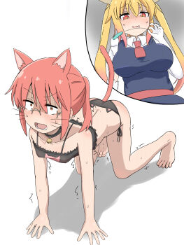 2girls all_fours animal_collar animal_ears barefoot bdsm black_bra black_collar black_panties blonde_hair blue_dress blush bra breasts cat_ears cat_girl cat_lingerie cat_tail collar collarbone constricted_pupils dot_nose dragon_girl dragon_horns dress elbow_gloves embarrassed excited fang female_focus female_pov femdom from_above from_below full_body glasses gloves horns kemonomimi_mode kobayashi-san_chi_no_maidragon kobayashi_(maidragon) large_breasts long_hair lower_teeth_only microdon multiple_girls multiple_views naughty_face necktie open_mouth orange_eyes panties pet_play ponytail pov red_hair red_necktie scared shirt short_hair short_ponytail simple_background skin_fang skinny slave sleeveless sleeveless_dress small_breasts tail teeth toes tohru_(maidragon) turn_pale twintails underwear upper_body variant_set white_background white_gloves white_shirt yellow_eyes yuri