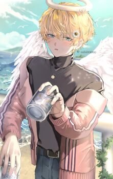 1boy angel angel_wings black_shirt blonde_hair blue_eyes blue_sky can cloud cowboy_shot daisy_(flower) day drink_can feathered_wings flower hair_between_eyes hair_flower hair_ornament halo highres holding holding_can incoming_drink jacket jacket_partially_removed jewelry long_sleeves looking_at_viewer male_focus necklace open_mouth original outdoors pink_jacket sahi00000 shirt short_hair simple_background simple_bird sky solo turtleneck turtleneck_shirt white_halo wings