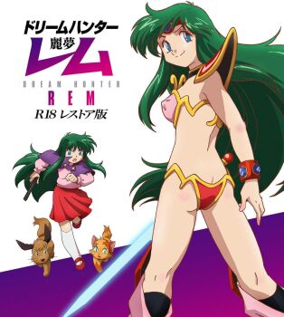 1girl alpha_(dream_hunter_rem) armor artist_request ass ayanokouji_rem beta_(dream_hunter_rem) bikini bikini_armor blu-ray_cover blue_eyes bracer breasts butt_crack capelet cat character_name copyright_name cover covered_erect_nipples dog dream_hunter_rem energy_sword gem green_hair gun handgun kneehighs kneepits legs_apart long_hair looking_back mary_janes multiple_views official_art open_mouth pauldrons pink_bikini pink_shirt pink_socks purple_capelet red_bikini red_shoes red_skirt revolver running second-party_source shirt shoes shoulder_armor skirt small_breasts smile socks standing swimsuit sword thighs tiara weapon white_socks