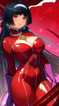 Rule 34 | 1girl, astra yao, black hair, bodysuit, breasts, cleavage, commentary request, commission, cosplay, cowboy shot, earrings, gloves, grin, hairband, highres, jewelry, large breasts, long hair, necklace, panther (persona 5), persona, persona 5, pink gloves, r123, red background, red bodysuit, red eyes, skeb commission, smile, solo, standing, takamaki anne, takamaki anne (cosplay), white hairband, zenless zone zero
