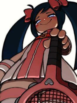 Rule 34 | 1girl, beeru (veil8801), blue eyes, blue hair, bow, closed mouth, dress, flat chest, furrowed brow, hair bow, highres, horizontal-striped thighhighs, justice gakuen, karuizawa momo, long hair, mesugaki, moero! justice gakuen, panties, pantyshot, pink bow, pink dress, pink panties, racket, ringed eyes, short dress, simple background, smile, solo, striped clothes, striped thighhighs, tennis racket, thighhighs, twintails, two-tone dress, underwear, white background, white dress