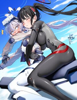 Rule 34 | 4girls, ^^^, absurdres, aris (armed) (blue archive), aris (blue archive), arms around waist, black bodysuit, black hair, black halo, blue archive, blush, bodysuit, breast press, breasts, closed eyes, flying, halo, head-mounted display, highres, himari (blue archive), himari (bodysuit) (blue archive), hover bike, hover vehicle, hug, hug from behind, impossible bodysuit, impossible clothes, kei (blue archive), kei (new body) (blue archive), large breasts, latex, latex bodysuit, looking at viewer, looking back, mecha musume, mechanical wings, motor vehicle, motorcycle, multicolored halo, multiple girls, official alternate hairstyle, on motorcycle, rio (blue archive), rio (bodysuit) (blue archive), skin tight, surprised, tai saka, thrusters, two-tone halo, white bodysuit, white halo, wings