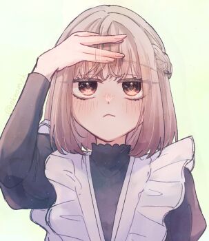 1girl :&lt; artist_name blush braid brown_eyes commentary_request eyes_visible_through_hair frills frown green_background half_up_braid hand_on_own_forehead hand_up highres juliet_sleeves kimi_no_koto_ga_dai_dai_dai_dai_daisuki_na_100-nin_no_kanojo long_sleeves maid medium_hair meido_mai oknomyk puffy_sleeves simple_background solo straight-on twitter_username upper_body