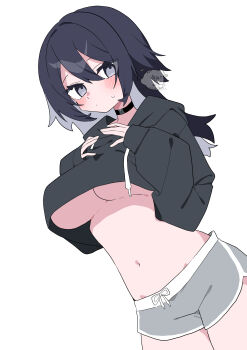 1girl absurdres black_hair black_hoodie blush breasts character_request choker closed_mouth commentary_request copyright_request crop_top crop_top_overhang cropped_hoodie dolphin_shorts drawstring grey_eyes grey_hair grey_shorts highres hood hood_down hoodie large_breasts long_hair long_sleeves looking_at_viewer midriff multicolored_hair navel oimotororo1116 shorts solo underboob white_background