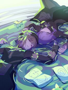 2girls absurdres asahina_mafuyu black_dress black_hat black_nails book breasts brown_eyes brown_hair commentary dress expressionless flower frilled_shirt frills green_light green_water hat hat_flower highres immiscible_discord_(project_sekai) light_smile lying medium_breasts multiple_girls official_alternate_costume official_alternate_hairstyle on_back open_book parted_lips project_sekai purple_eyes purple_hair shinonome_ena shirt soshite_hari_wa_ugokidasu_(project_sekai) upside-down white_flower yucchiimi