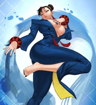 1girl barefoot black_nails breasts capcom chun-li cleavage double_bun formal_clothes gabriel_carrasquillo hair_bun highres nail_polish open_clothes red_lips street_fighter suit toenail_polish toenails wristband