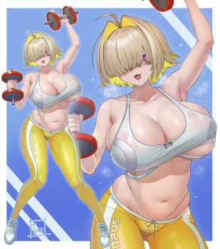 1girl ahoge armpits artist_name blonde_hair blue_background breasts cleavage commentary_request cosplay dumbbell elegg_(nikke) exercising goddess_of_victory:_nikke highres holding holding_dumbbell large_breasts multiple_views navel open_mouth panties pants purple_eyes rumani_(nikke) rumani_(nikke)_(cosplay) shoes short_hair sports_bra stomach sweat tomo_eokaiteru underboob underwear white_panties white_shoes white_sports_bra yoga_pants