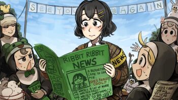 5girls :d baby_animal bird black_eyes black_hair blonde_hair blue_eyes bow bowtie brown_eyes brown_hair bunny_nun_(diva) chicken closed_eyes clumsy_nun_(diva) commentary diva_(hyxpk) duck duckling english_commentary freckles froggy_nun_(diva) green_bow green_bowtie grey_hair hair_ornament hairpin highres holding holding_newspaper little_nuns_(diva) multiple_girls newspaper nun open_mouth outdoors rabbit_hair_ornament reporter_(diva) sheep_nun_(diva) smile sweat traditional_nun tree triangle_mouth