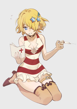 1girl absurdres blonde_hair blue_eyes breasts choker cleavage doran_(doran7280) dr._stone dress grey_background hair_ornament hair_over_one_eye high_heels highres luna_wright medium_breasts paper seiza short_hair sitting smile solo star_(symbol) star_hair_ornament striped_clothes syringe thigh_strap thighhighs