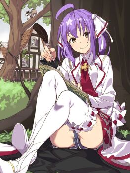 Rule 34 | 1girl, ahoge, book, closed mouth, commentary request, hair ribbon, kirara fantasia, knees up, medium hair, official art, outdoors, purple hair, quill, ribbon, shoes, sitting, smile, solo, tachibana isana, thighhighs, third-party source, tree, twintails, white ribbon, white shoes, white thighhighs, yellow eyes, yumekui merry