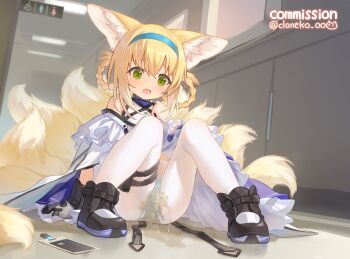 1girl animal_ear_fluff animal_ears arknights black_boots black_collar black_gloves blonde_hair blue_hairband blue_panties blush boots braid braided_hair_rings cloneko_(zelmeledf2) clothing_cutout collar commentary_request commission crying crying_with_eyes_open embarrassed fox_ears fox_girl fox_tail full_body gloves green_eyes hair_between_eyes hair_rings hairband highres infection_monitor_(arknights) kitsune kyuubi loli multiple_tails open_mouth panties panties_under_pantyhose pantyhose pantyshot pee peeing peeing_self polka_dot polka_dot_panties puddle purple_skirt shirt short_hair shoulder_cutout sidelocks single_glove sitting skeb_commission skirt solo suzuran_(arknights) tail tears underwear upskirt variant_set white_pantyhose white_shirt white_wrist_cuffs wrist_cuffs