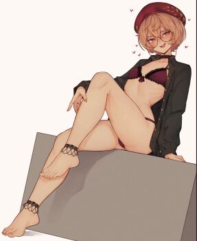 1girl :d absurdres barefoot beret black_choker black_shirt blush bra choker clio_aite collared_shirt commentary dress_shirt english_commentary flat_chest glasses hat highres knee_up looking_at_viewer navel nearly_naked_shirt open_clothes open_mouth open_shirt phase_connect red_bra red_hat round_eyewear shirt short_hair simple_background sitting smile solo underwear varniskarnis virtual_youtuber