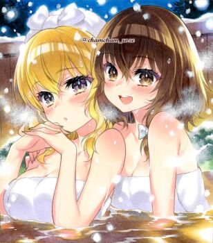 2girls :d bathing blonde_hair blush bow breasts brown_eyes brown_hair chacham cleavage commentary_request hair_between_eyes large_breasts long_hair looking_at_viewer maribel_hearn marker_(medium) medium_breasts multiple_girls naked_towel onsen open_mouth outdoors purple_eyes same-sex_bathing shared_bathing smile snowing touhou towel traditional_media twitter_username upper_body usami_renko water white_bow winter