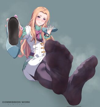 1girl blonde_hair eiyuu_densetsu feet highres light_blush long_hair looking_at_viewer lucy_seiland miyamu pantyhose parted_lips purple_eyes sen_no_kiseki_(series) shoes soles steam toes unworn_shoes