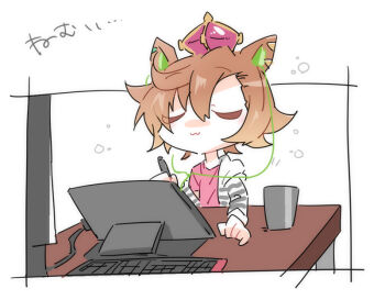 Rule 34 | 1girl, :3, beer hsk, brown hair, closed eyes, closed mouth, commentary request, computer keyboard, crown, drawing tablet, earbuds, earphones, hair between eyes, holding, holding stylus, hood, hood down, hooded jacket, jacket, mini crown, monitor, off shoulder, open clothes, open jacket, pink shirt, shirt, short hair, solo, striped clothes, striped jacket, stylus, t.m. opera o (umamusume), table, translation request, umamusume, white background