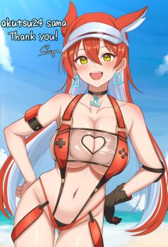 1girl beach bikini black_gloves breasts choker cleavage cleavage_cutout clothing_cutout colored_inner_hair commentary commission cosplay cowboy_shot earrings elegg_(boom_and_shock)_(nikke) elegg_(boom_and_shock)_(nikke)_(cosplay) elegg_(nikke) elegg_(nikke)_(cosplay) english_commentary game_controller_print gen_3_pokemon gloves hair_horns hands_on_own_hips heart_cutout jewelry large_breasts latias legendary_pokemon long_hair looking_at_viewer multicolored_hair navel nintendo ocean open_mouth original outdoors personification pokemon red_bikini red_hair red_slingshot_swimsuit see-through_slingshot_swimsuit single_glove skeb_commission slingshot_swimsuit smile solo surippa1010 swimsuit teeth thank_you triangle_earrings two-tone_hair underboob upper_teeth_only visor_cap white_hair white_visor yellow_eyes