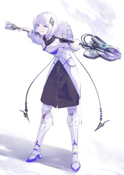 1girl absurdres black_dress blue_eyes boots cevio dress full_body grin hair_ornament highres holding holding_staff hood hood_down hooded_jacket jacket kafu_(cevio) kamitsubaki_studio looking_at_viewer mey_(me_hanamomo) short_hair smile solo staff white_background white_boots white_hair white_jacket