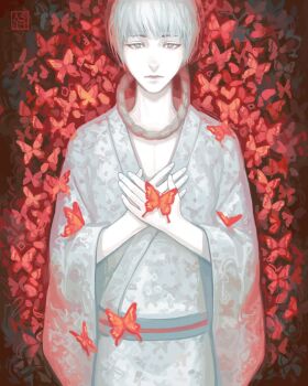 1boy bug butterfly commentary_request death driftwoodwolf fatal_frame fatal_frame_ii:_crimson_butterfly ghost grey_hair hanged insect japanese_clothes kimono looking_at_viewer male_focus solo tachibana_itsuki white_eyes white_hair