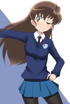 1girl alternate_hairstyle black_necktie black_pantyhose blue_skirt blue_sweater breasts brown_hair closed_mouth collared_shirt commentary_request emblem girls_und_panzer hair_down hand_on_own_hip highres long_hair long_sleeves miniskirt necktie one_eye_closed pantyhose rukuriri_(girls_und_panzer) school_uniform shirt skirt smile solo st._gloriana&#039;s_(emblem) st._gloriana&#039;s_school_uniform sweater wakku_kan white_shirt