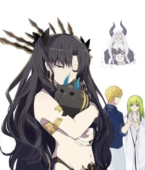 1girl absurdres androgynous arm_warmers armlet asymmetrical_sleeves beard bikini black_hair black_horns blonde_hair blue_shirt bull commentary_request detached_sleeves earrings elbow_gloves enkidu_(fate) facial_hair fate/grand_order fate_(series) gilgamesh gilgamesh_(caster)_(fate) gilgamesh_(establishment)_(fate) gilgamesh_(fate) gloves green_eyes green_hair gugalanna_(fate) hair_ribbon hawaiian_shirt highres hoop_earrings horns ishtar_(fate) jewelry long_hair long_sleeves mismatched_bikini navel neck_ring official_alternate_costume parted_bangs piglet red_eyes ribbon robe sheep shirt short_hair simple_background single_arm_warmer single_detached_sleeve single_elbow_glove sodamachi swimsuit tears tiara two_side_up uneven_sleeves very_long_hair white_background white_hair white_robe