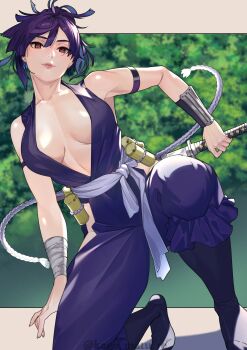 1girl absurdres arm_strap bandaged_wrist bandages bare_shoulders blunt_ends breasts brown_eyes center_opening cleavage closed_mouth clothing_cutout commentary_request highres hip_vent japanese_clothes jigokuraku kagematsuri kimono large_breasts leaf ninja ninjatou pink_lips purple_kimono rope sash short_sword sideless_kimono solo squatting sword weapon white_sash wrist_guards yuzuriha_(jigokuraku)
