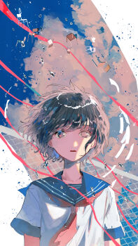 1girl absurdres black_hair blue_sailor_collar chair cloud hagimorijia highres looking_at_viewer neckerchief original parted_lips red_neckerchief red_ribbon ribbon sailor_collar school_chair school_uniform serafuku shirt short_hair short_sleeves solo upper_body white_shirt