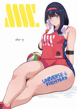 1girl absurdres black_hair blue_eyes blush commentary_request elbow_pads gridman_universe highres long_hair looking_at_viewer red_shirt red_shoes shee-p_(inemurisheep113) shirt shoes short_shorts shorts simple_background sitting sleeveless sleeveless_shirt solo sportswear ssss.gridman sweat takarada_rikka thick_thighs thighs towel volleyball volleyball_uniform white_background