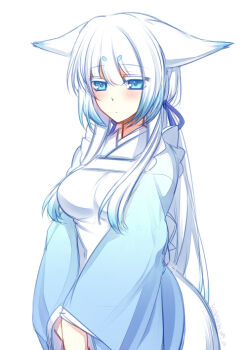 Rule 34 | 1girl, animal ears, apron, blue eyes, blue ribbon, blush, breasts, closed mouth, dated, ears down, female focus, fox ears, fox tail, gradient hair, hair ribbon, konshin, long hair, long sleeves, medium breasts, multicolored hair, orie mishiro, original, ribbon, short eyebrows, signature, simple background, solo, tail, upper body, white apron, white background, white hair, wide sleeves