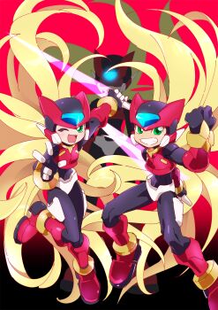 1girl 2boys armor black_bodysuit bodysuit boots clenched_hand crop_top crotch_plate energy_sword forehead_jewel gradient_background green_eyes helmet highres holding holding_sword holding_weapon kon_(kin219) light_blush long_hair looking_at_viewer mega_man_(series) mega_man_zero_(series) mega_man_zero_3 mega_man_zx model_ox_(mega_man) multiple_boys omega_(mega_man) open_mouth power_armor red_armor red_background red_footwear red_helmet red_theme smile sword teeth very_long_hair w weapon
