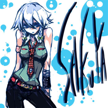 Rule 34 | 1girl, alternate costume, armband, bare shoulders, belt, blue eyes, bow, braid, casual, contemporary, denim, female focus, hair bow, hair ribbon, izayoi sakuya, jeans, necktie, pants, ribbon, shirt, silver hair, sleeveless, sleeveless shirt, solo, tima, touhou, twin braids, wristband