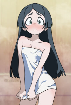 1girl artist_name barbara_parker bare_arms bare_shoulders black_eyes black_hair blush breasts clenched_hands collarbone embarrassed eyelashes facing_viewer harukadew highres indoors legs little_witch_academia long_hair looking_at_viewer naked_towel neck parted_bangs sidelocks small_breasts standing thighs towel v_arms