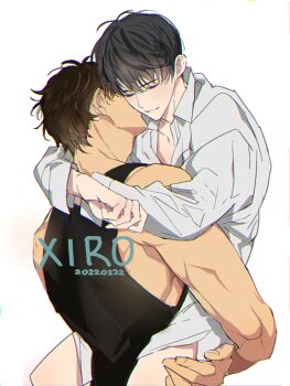 2boys arm_around_neck black_hair black_tank_top carrying carrying_person closed_eyes cowboy_shot grin hand_on_another&#039;s_back hand_on_another&#039;s_leg hug kim_dokja kiss leg_lock male_focus multiple_boys omniscient_reader&#039;s_viewpoint oversized_clothes oversized_shirt shirt short_hair smile tank_top white_shirt xiro yaoi yoo_joonghyuk