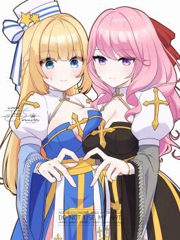 2girls arch_bishop_(ragnarok_online) black_dress blonde_hair blue_dress blue_eyes bow braid breast_press breasts cleavage cleavage_cutout closed_mouth clothing_cutout commentary_request cross dated dress hair_bow half_up_braid hat hat_bow hat_ornament heart heart_hands heart_hands_duo highres juliet_sleeves large_breasts long_hair long_sleeves looking_at_viewer multiple_girls pink_hair puffy_sleeves purple_eyes ragnarok_masters ragnarok_online red_bow sakuraji_tomoka sash signature simple_background smile star_(symbol) star_hat_ornament symmetrical_docking two-tone_dress watermark wavy_hair white_background white_bow white_dress white_hat yellow_sash
