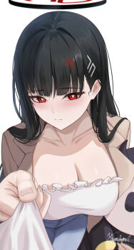 1girl absurdres black_hair blue_archive blue_pants blush breasts brown_jacket denim hair_ornament hairclip halo highres jacket jeans large_breasts long_hair long_sleeves looking_at_viewer pants red_eyes rio_(blue_archive) shirt white_shirt yamikyon