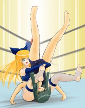 Rule 34 | #13, 2girls, barefoot, blonde hair, bow, elbow gloves, feet, femdom, gloves, green hair, minako (#13), multiple girls, piledriver (wrestling), thighhighs, wrestling, wrestling ring, yayoi (#13), yuri