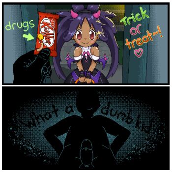 1boy 1girl bare_shoulders black_dress blush_stickers brown_eyes calamity33 candy closed_mouth dark-skinned_female dark_skin demon_horns demon_wings doorway dress drugged english_text faceless food halloween halloween_costume heart holding holding_candy holding_food horns imminent_rape iris_(fall_2022)_(pokemon) iris_(pokemon) loli long_hair low_wings nintendo penis pokemon pokemon_masters_ex pov pov_hands purple_hair smile solo_focus straight-on trick_or_treat upper_body wings