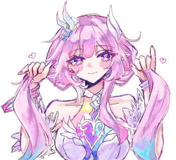 1girl alternate_hairstyle ame_00531 bare_shoulders blue_hair breasts closed_mouth commentary_request cyrene_(demiurge)_(honkai:_star_rail) cyrene_(honkai:_star_rail) diamond-shaped_pupils diamond_(shape) dress flower gradient_hair hair_flower hair_ornament hands_up holding holding_own_hair honkai:_star_rail honkai_(series) large_breasts long_hair looking_at_viewer multicolored_hair nail_polish pink_hair pink_nails pointy_ears simple_background smile solo symbol-shaped_pupils twintails upper_body white_background white_dress